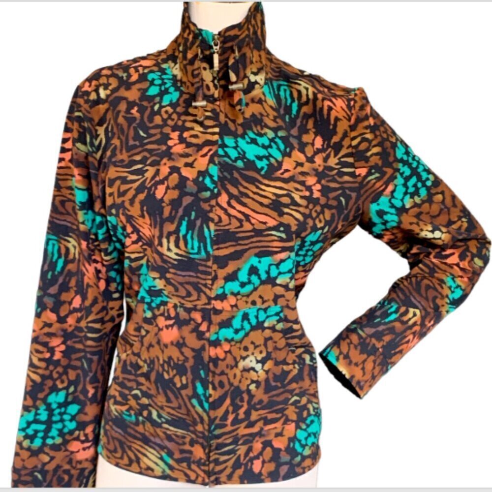 Chico's Zenergy Full Zip Jacket Colorful Tiger Animal Print Sz 2 (L/12) #87A